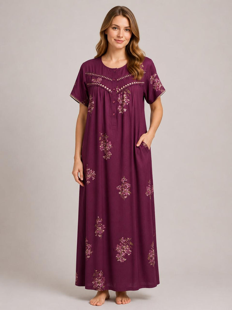 Maroon Rayon Half Sleeve Nighty Gown