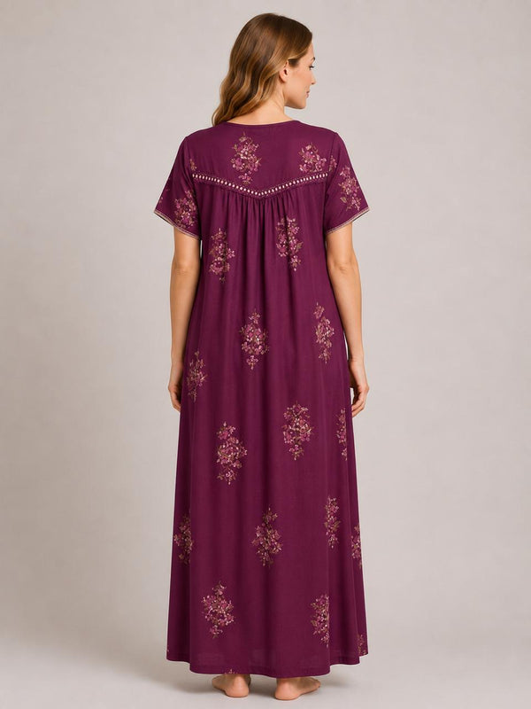 Maroon Rayon Half Sleeve Nighty Gown