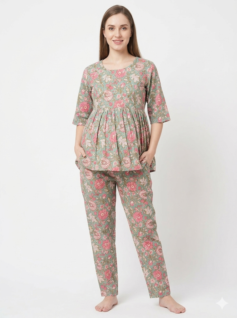 Maternity Cord Set with Hidden Breastfeeding Zip | Green Floral