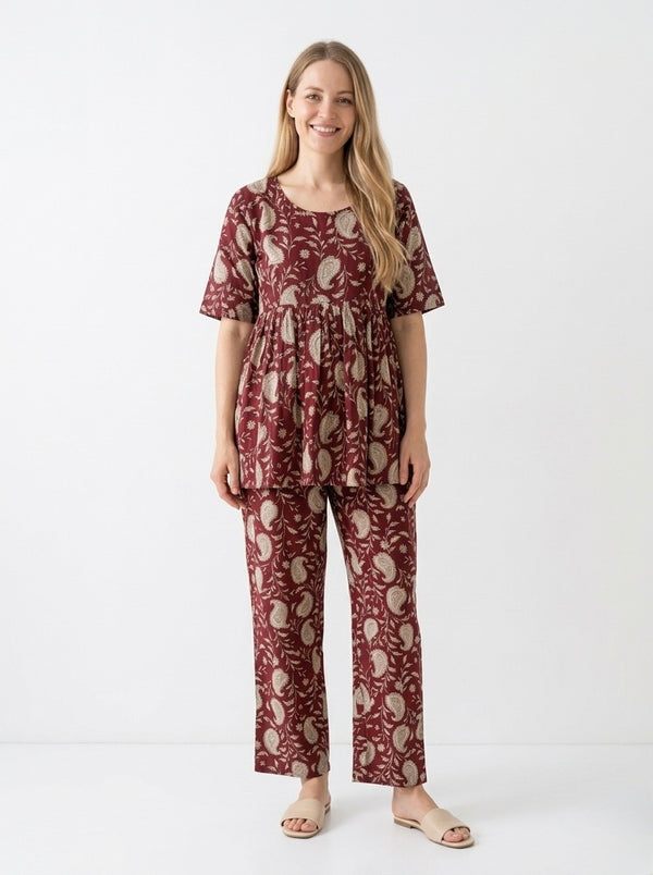 Maroon Maternity Cotton Co-Ord Set
