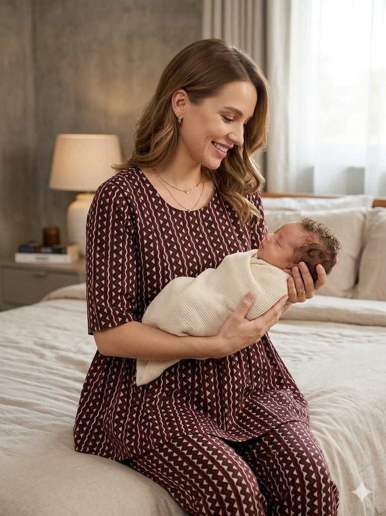 Brown Red Maternity Cotton Co-Ord Set