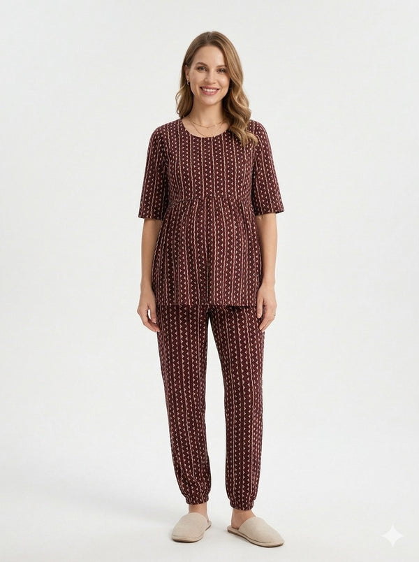 Brown Red Maternity Cotton Co-Ord Set