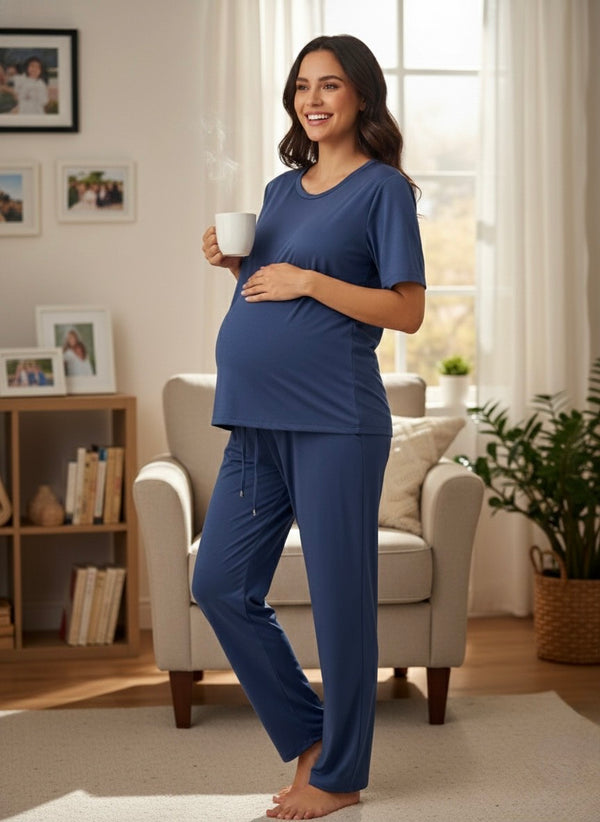 Solid Maternity Collar Co-ord Set for Women | Comfortable Polyester Loungewear