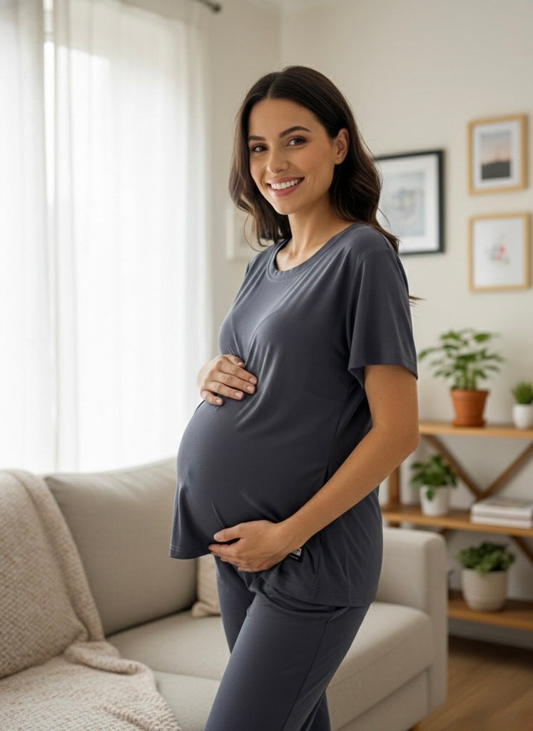 Solid Maternity Collar Co-ord Set for Women | Comfortable Polyester Loungewear