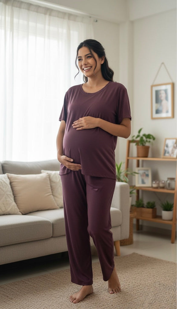 Solid Maternity Collar Co-ord Set for Women | Comfortable Polyester Loungewear