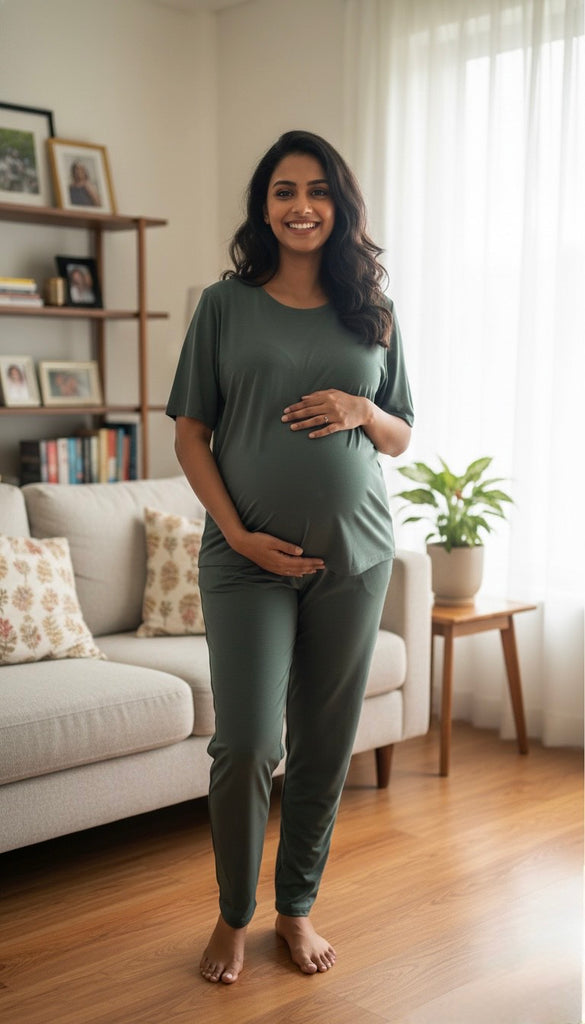 Solid Maternity Collar Co-ord Set for Women | Comfortable Polyester Loungewear