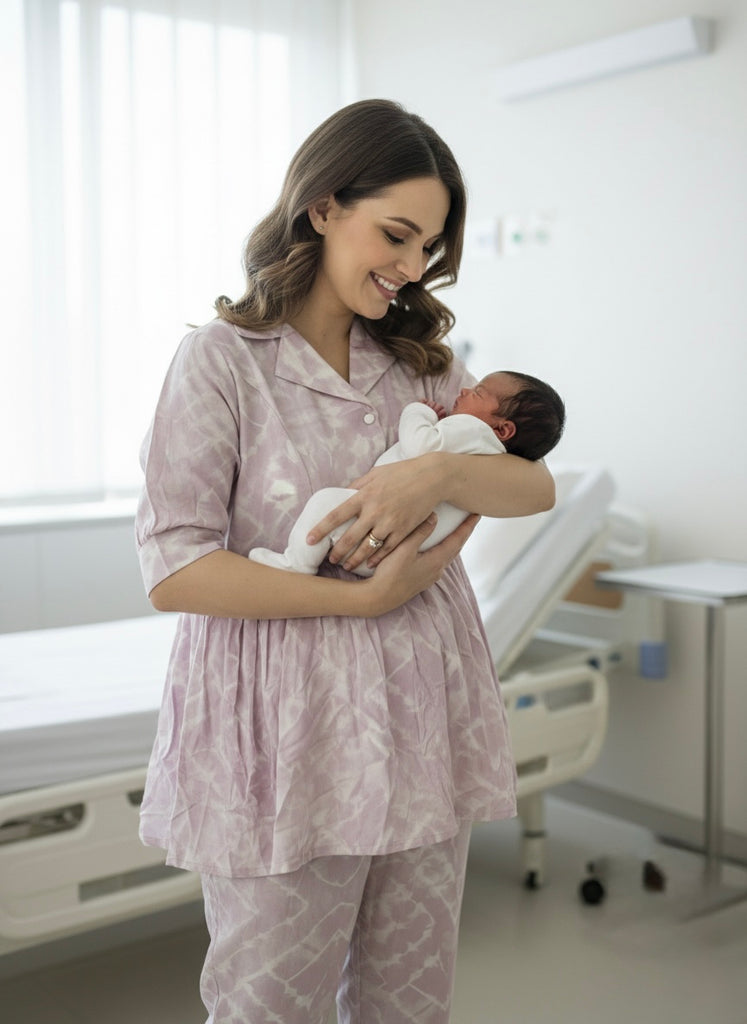 Premium Rayon Printed Maternity Collar Co-ord Set for Women | Comfortable Loungewear
